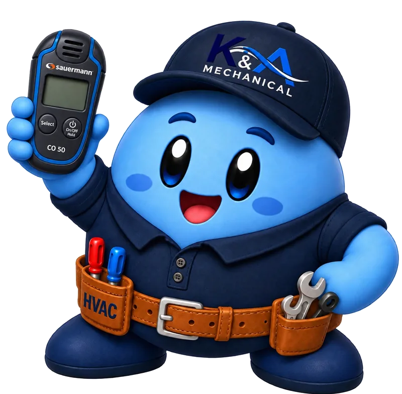 Kirby, the K&A mascot, holding a Sauermann carbon monoxide instrument